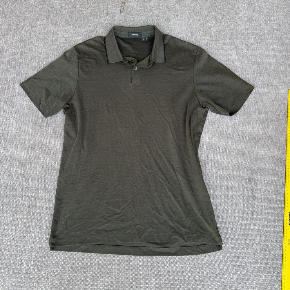Theory Polo Shirt Mens L Green Pima Cotton Blend Short Sleeve Collared Popover